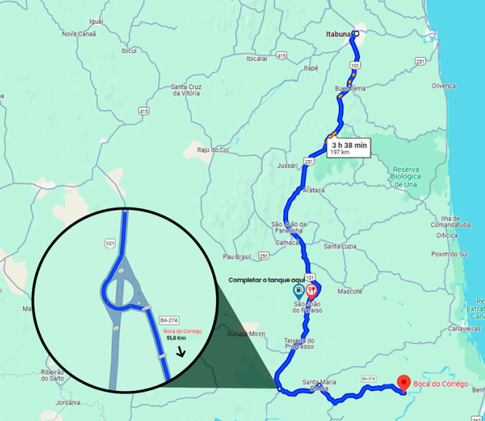 Mapa de acesso: Itabuna até Boca do Córrego via BR-101 e BA-274